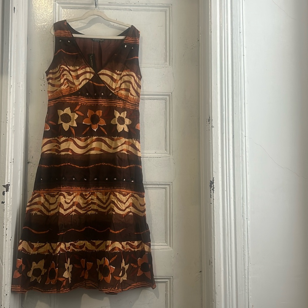 NWT Chaudry KC Brown/Orange Floral Brown Midi Dress, Size S